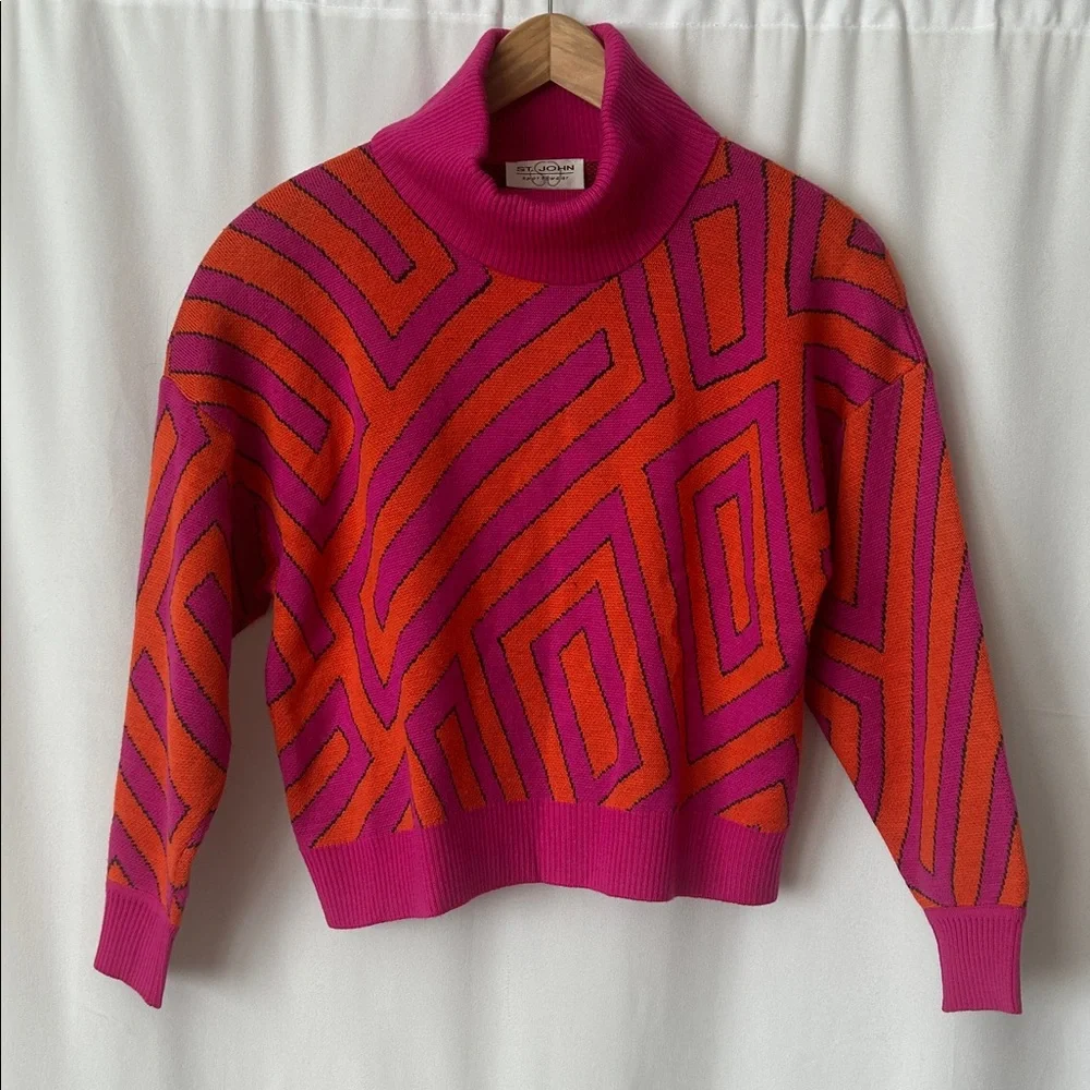 St. John Pink/Orange Abstract Pattern Cowl Neck Sweater Shirt Top **Size M** 🌸🌸 - Picture 1 of 6